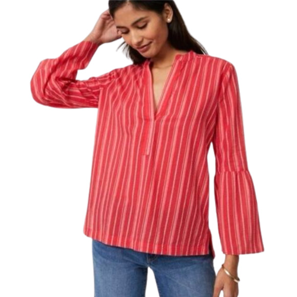 LOFT Tops - Loft The Softened Shirt Top Large Pink White Bell Sleeve Striped Popover Cotton